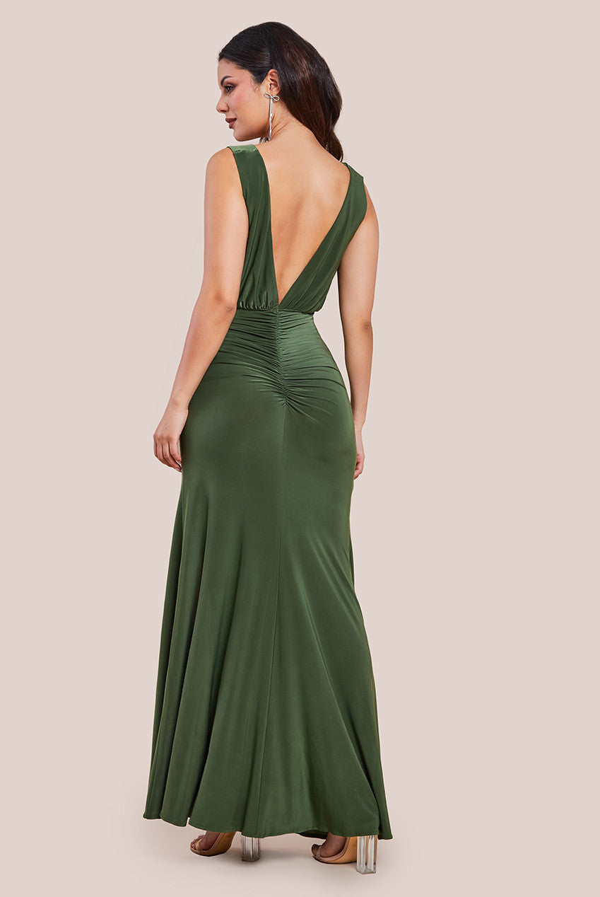 Front Wrap Gathered Maxi Dress - Olive DR3519