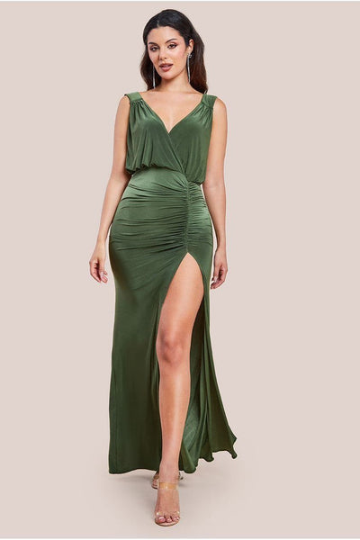 Olive - Front Wrap Gathered Maxi Dress - Olive by Goddiva