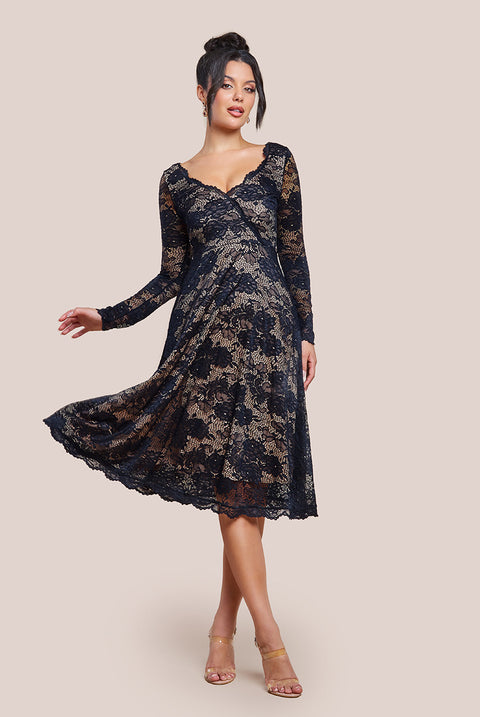 Scalloped Lace A-line Midi Dress - Black DR4478