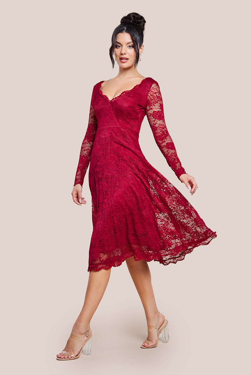 Scalloped Lace A-line Midi Dress - Wine DR4478