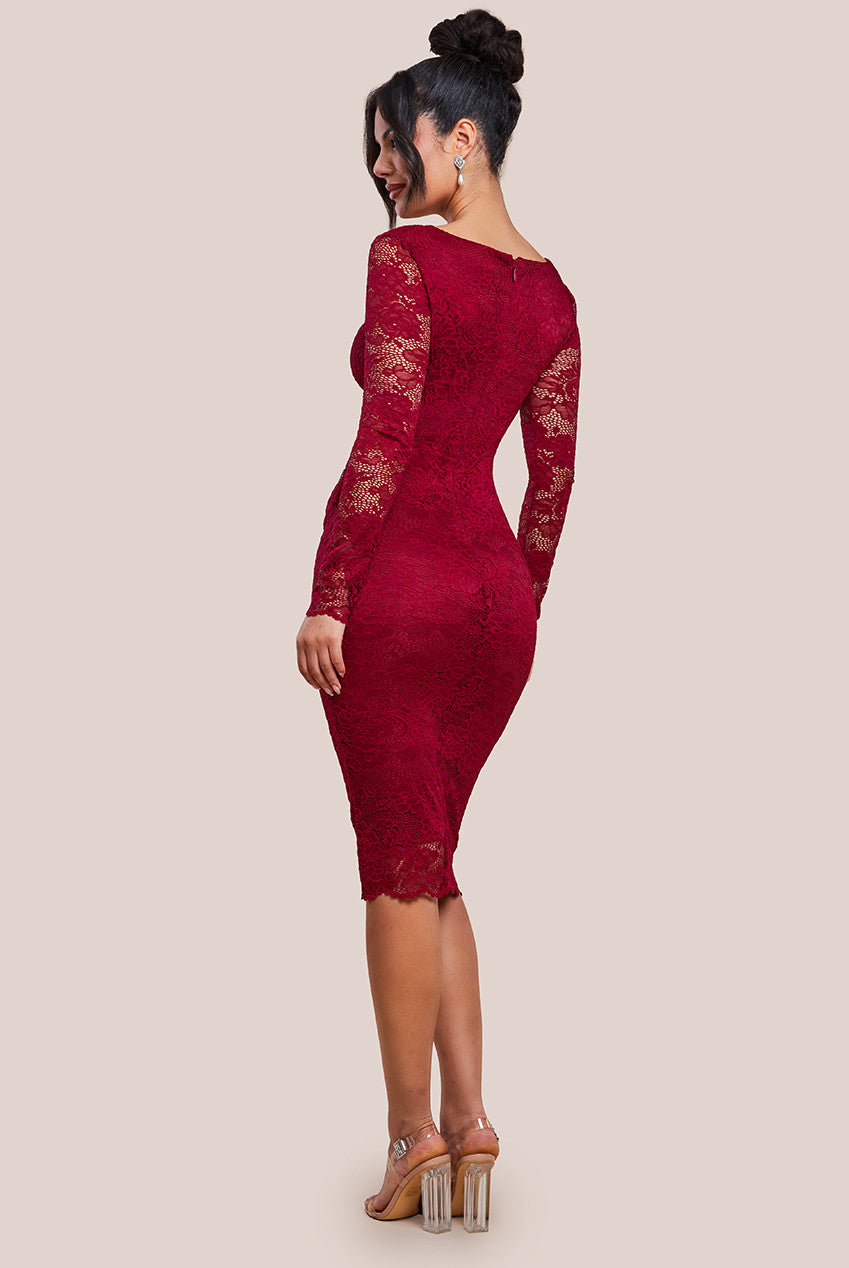 Scalloped Lace Corset Bodice Midi Dress - Wine DR4526