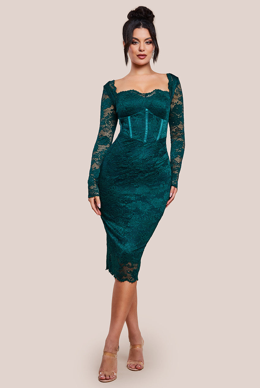 Scalloped Lace Corset Bodice Midi Dress - Emerald Green DR4526