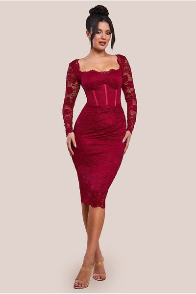 Wine - Scalloped Lace Corset Bodice Midi Dress - Wine by Goddiva