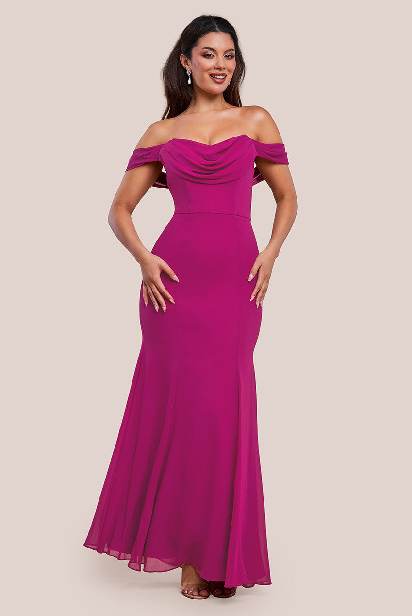 Chiffon Bardot Cowl Neck Maxi Dress - Magenta DR2781A