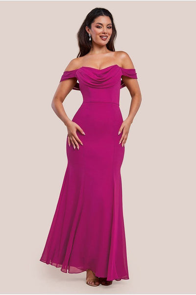 Magenta - Chiffon Bardot Cowl Neck Maxi Dress - Magenta by Goddiva