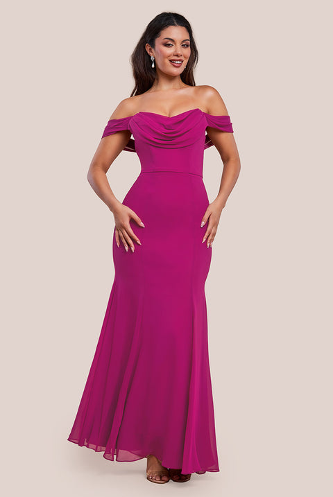 Chiffon Bardot Cowl Neck Maxi Dress - Magenta by Goddiva