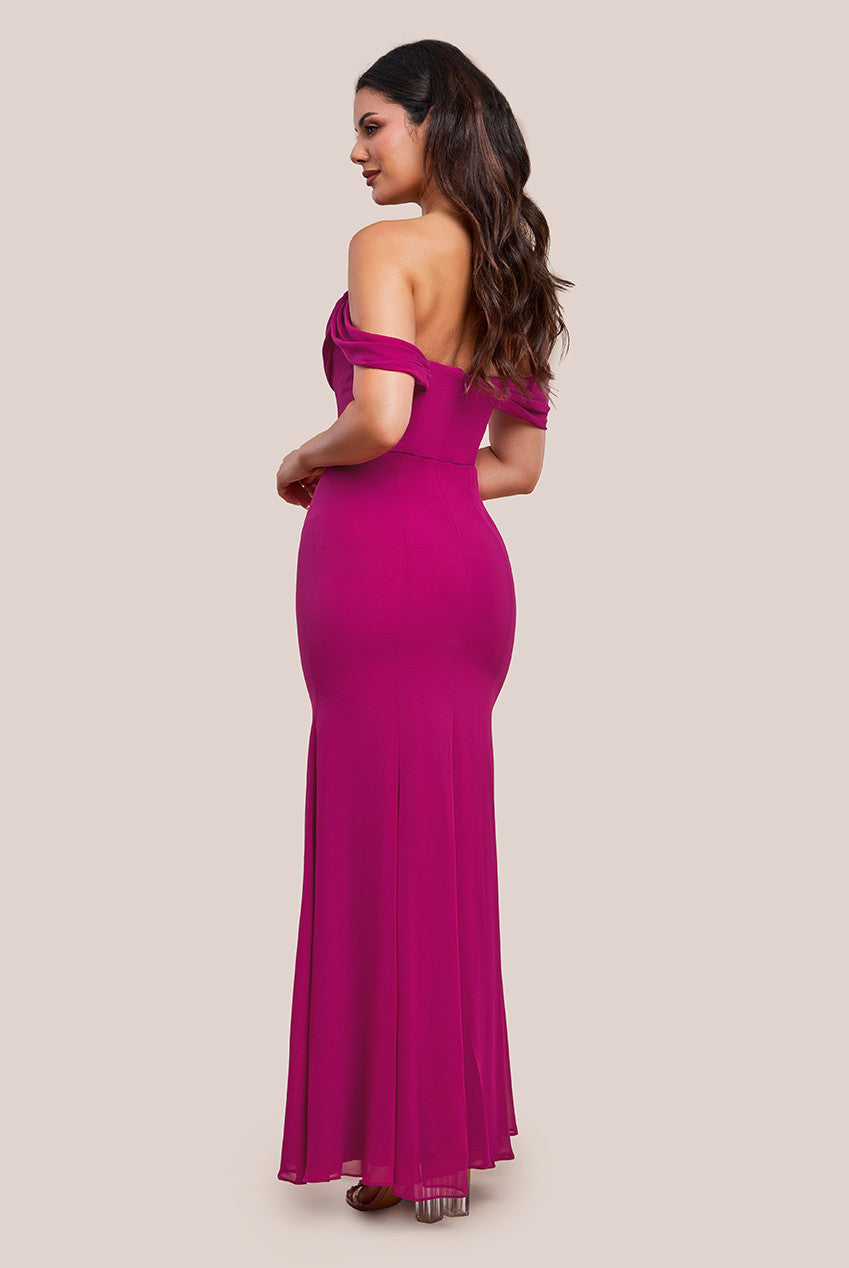 Chiffon Bardot Cowl Neck Maxi Dress - Magenta DR2781A