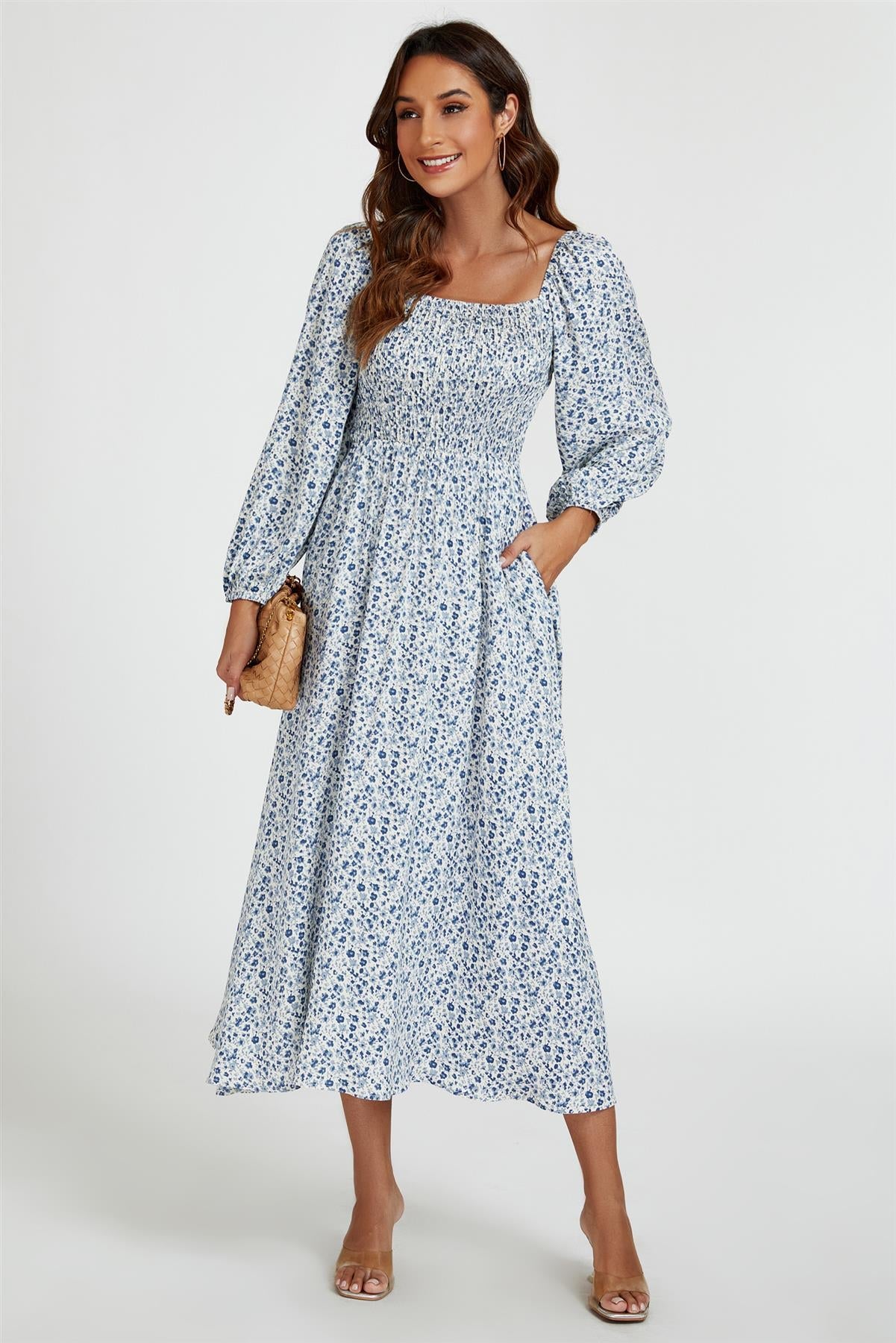 Floral Print Square Neck Maxi Dress In Light Blue FS794-LBLF