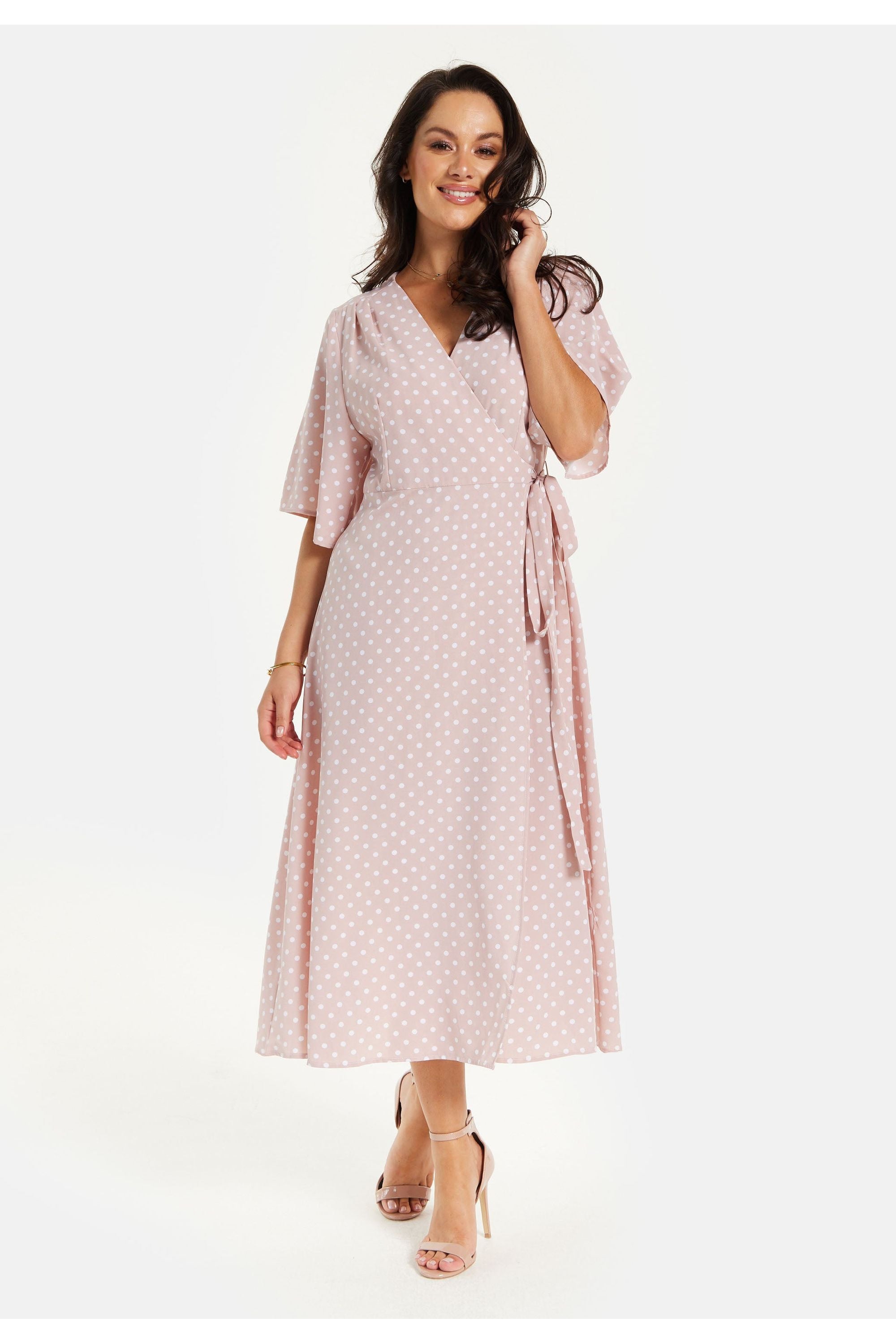 Polka Dot Midi Wrap Dress In Light Pink ARZU006