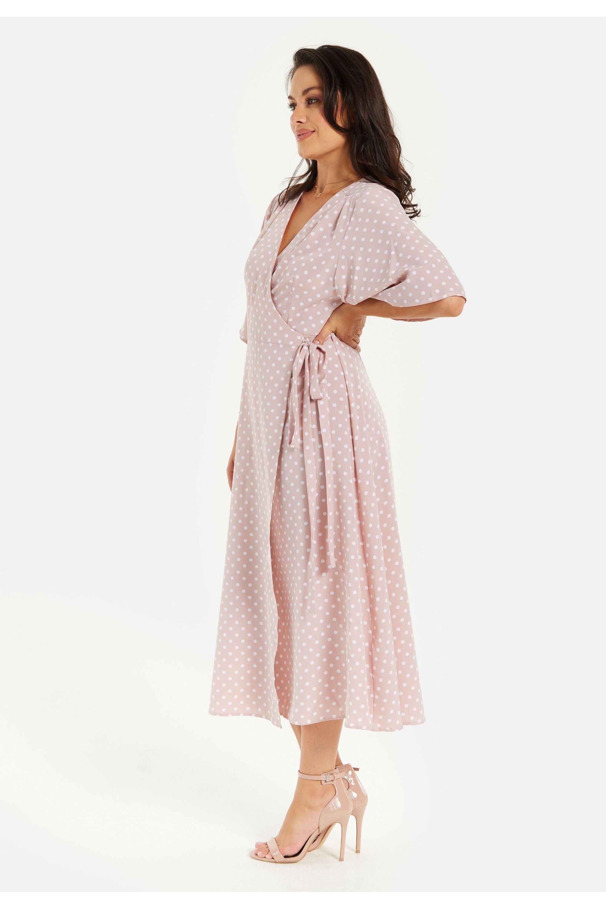 Liquorish Polka Dot Midi Wrap Dress In Light Pink Pink 8