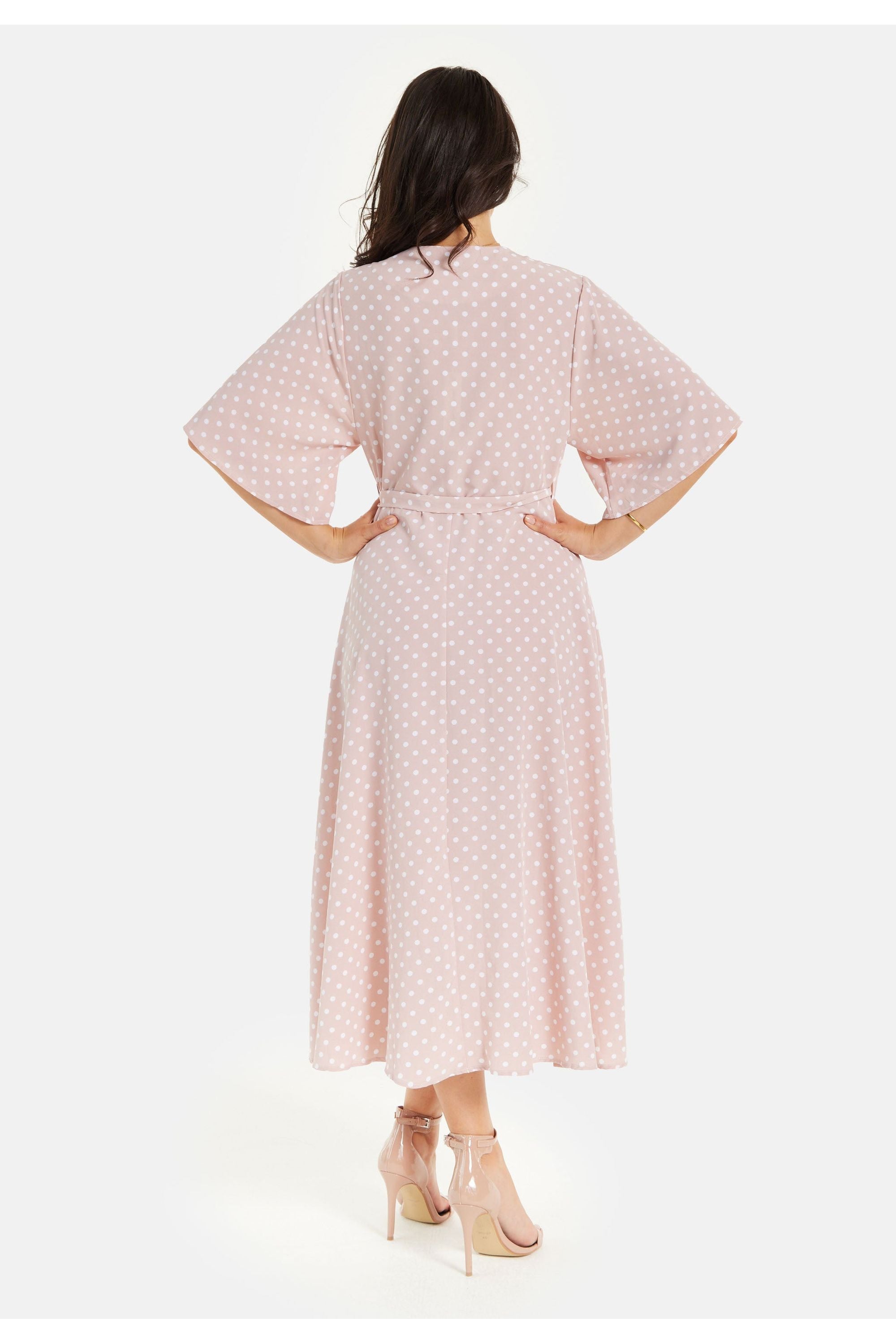 Polka Dot Midi Wrap Dress In Light Pink ARZU006