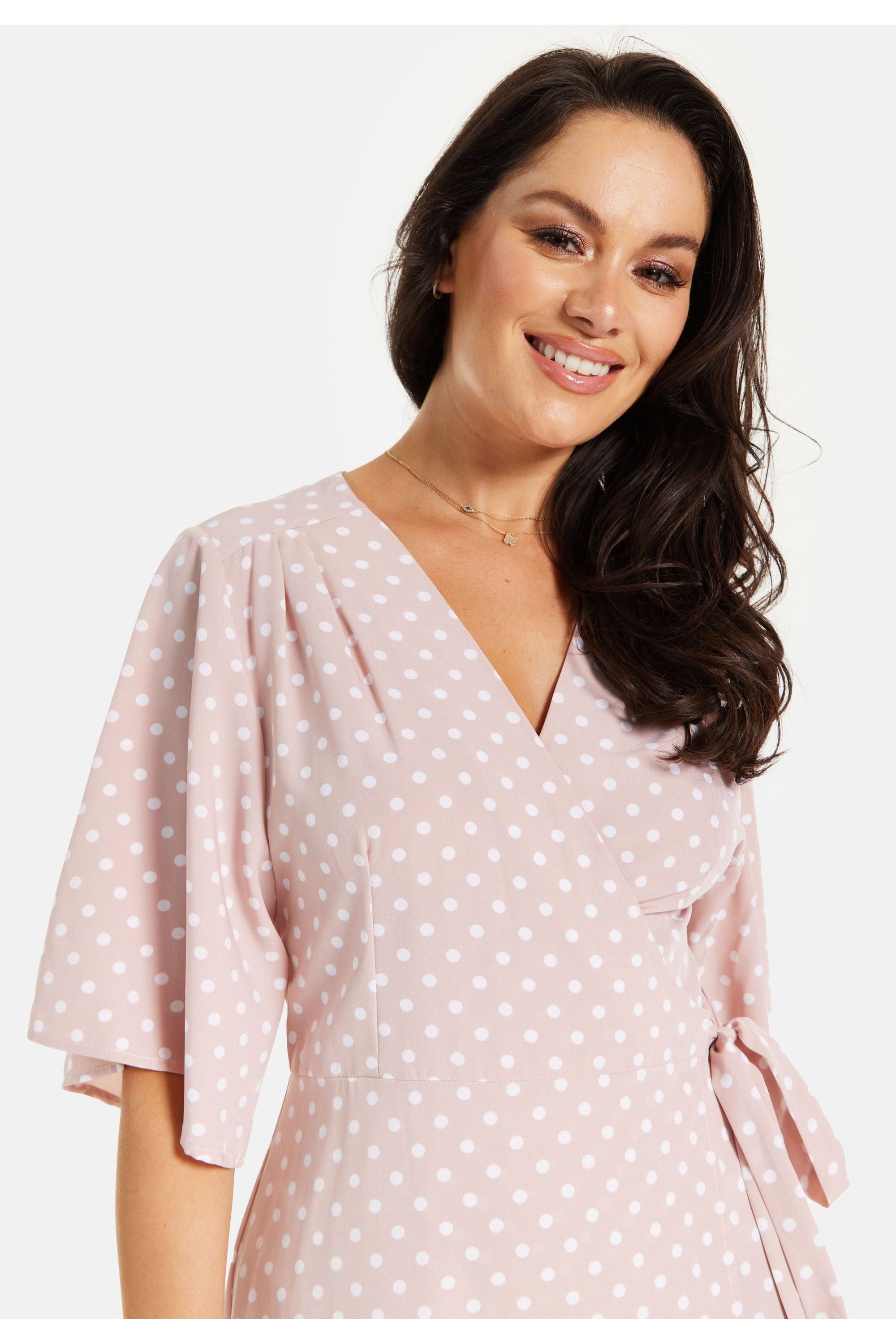 Polka Dot Midi Wrap Dress In Light Pink ARZU006