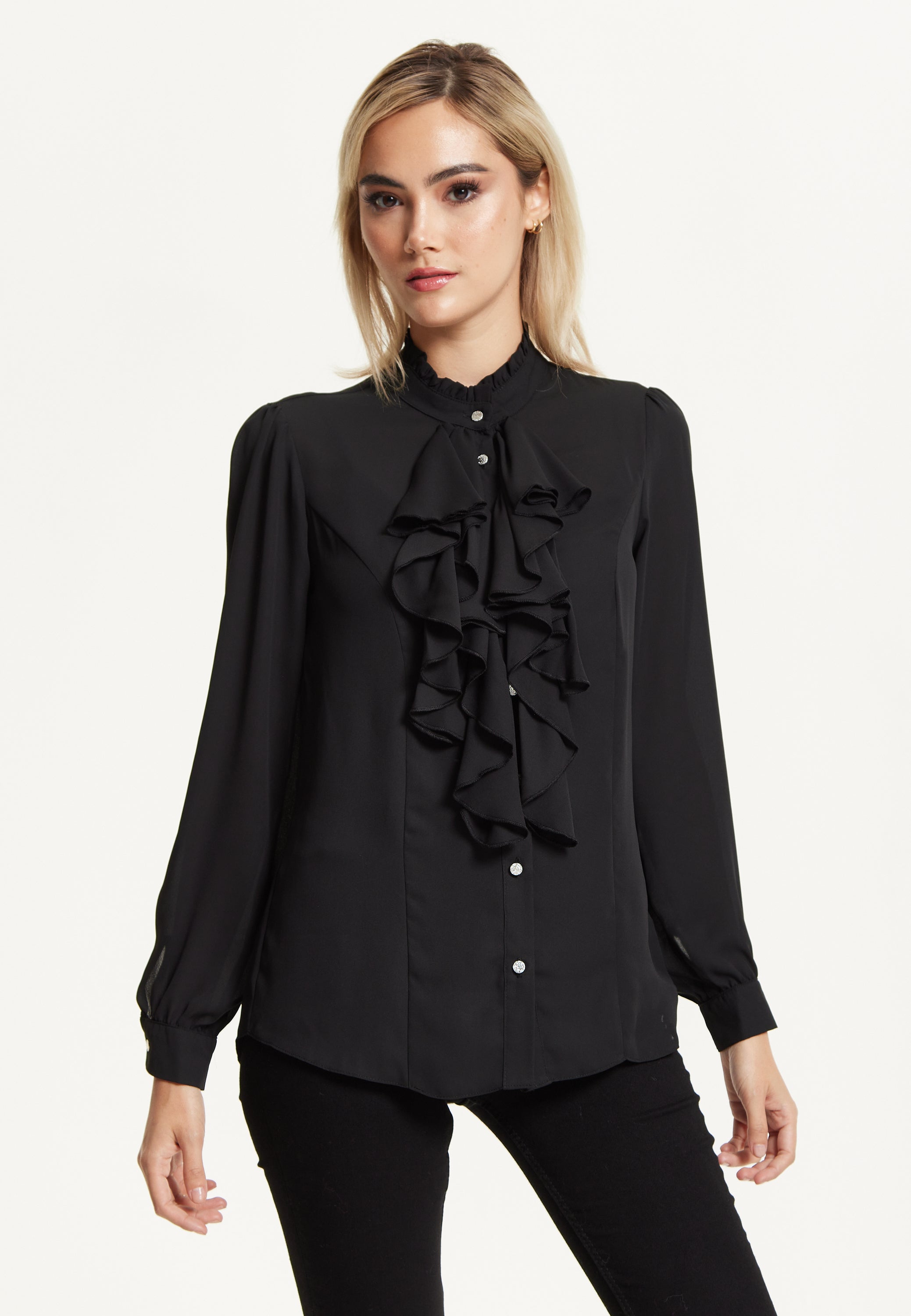 Black Ruffle Front Blouse 25AW-43001