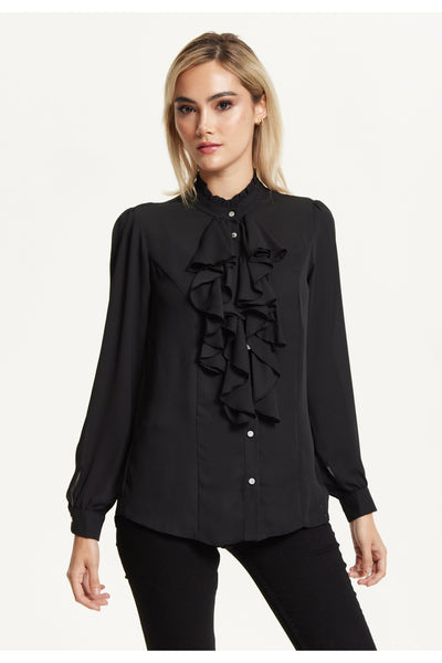 Black - Black Ruffle Front Blouse by Liquorish