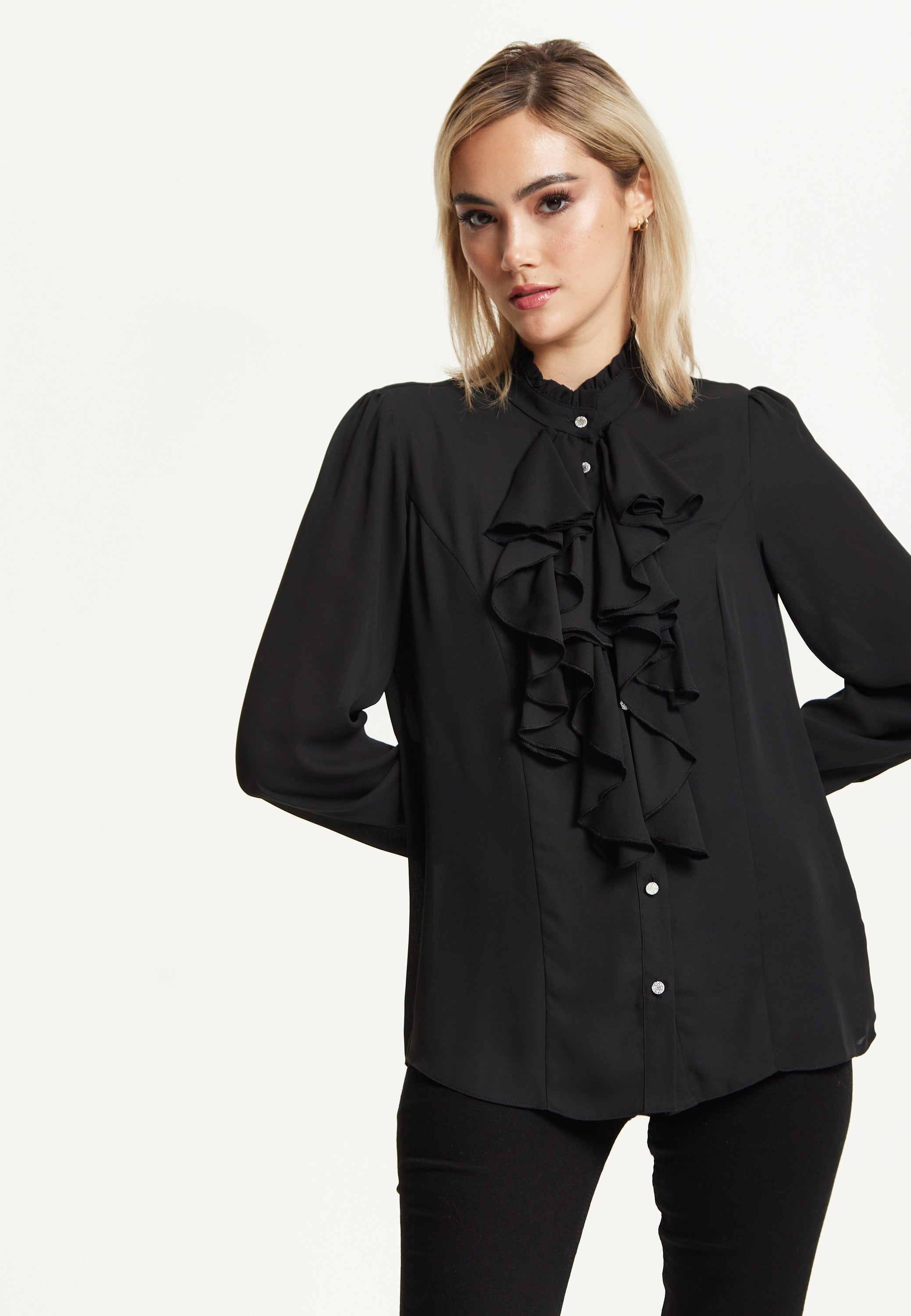 Black Ruffle Front Blouse 25AW-43001