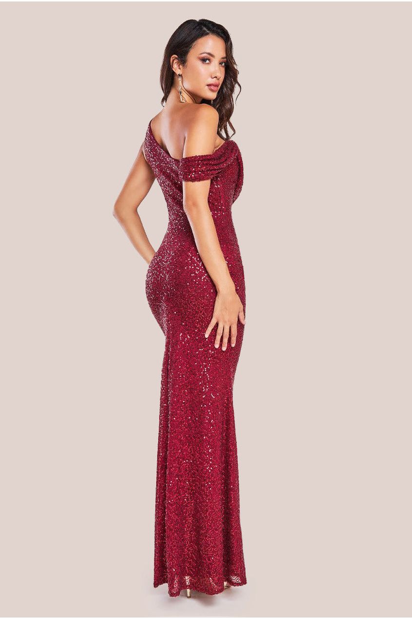 Sequin Cowl One Shoulder Maxi Dress - Wine DR4020