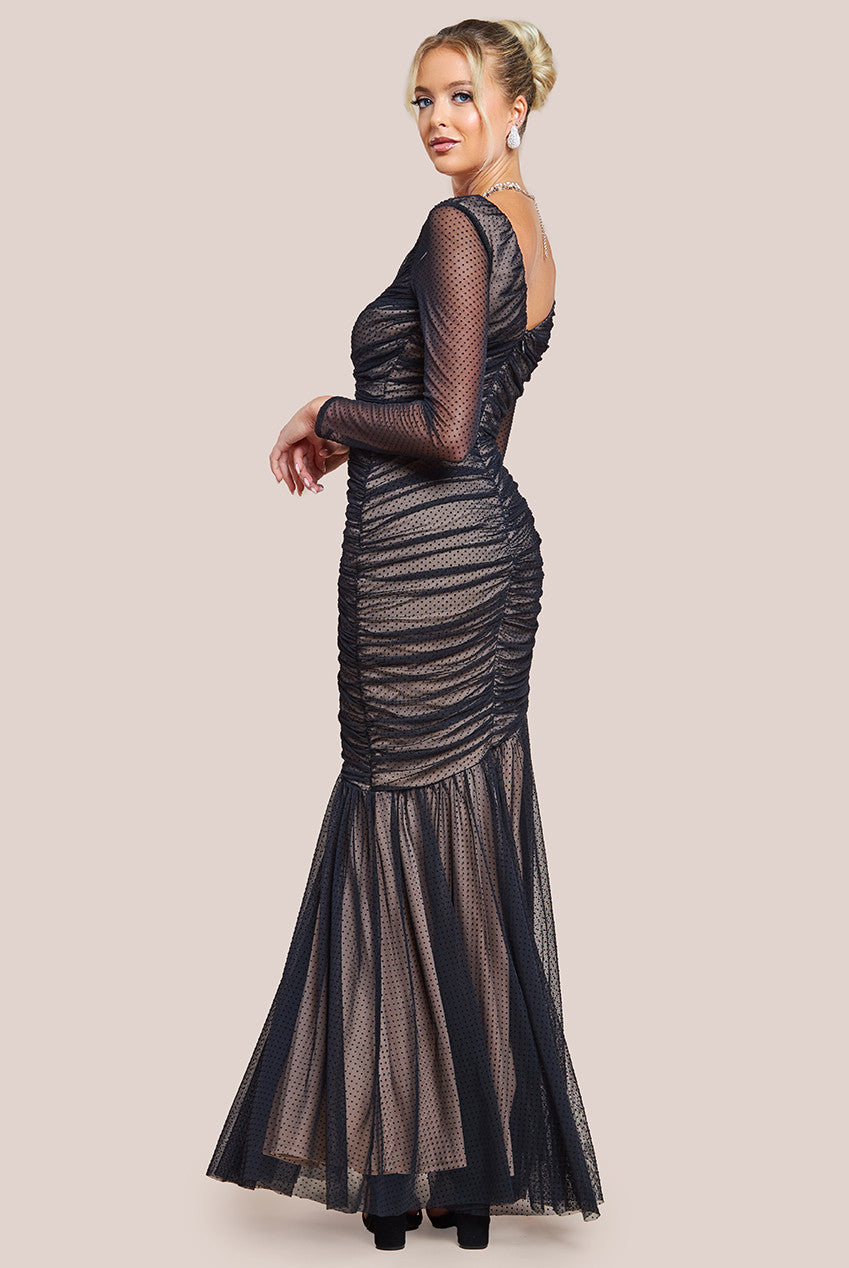 Dobby Mesh Wrap Style Gathered Maxi Dress - Black DR4364