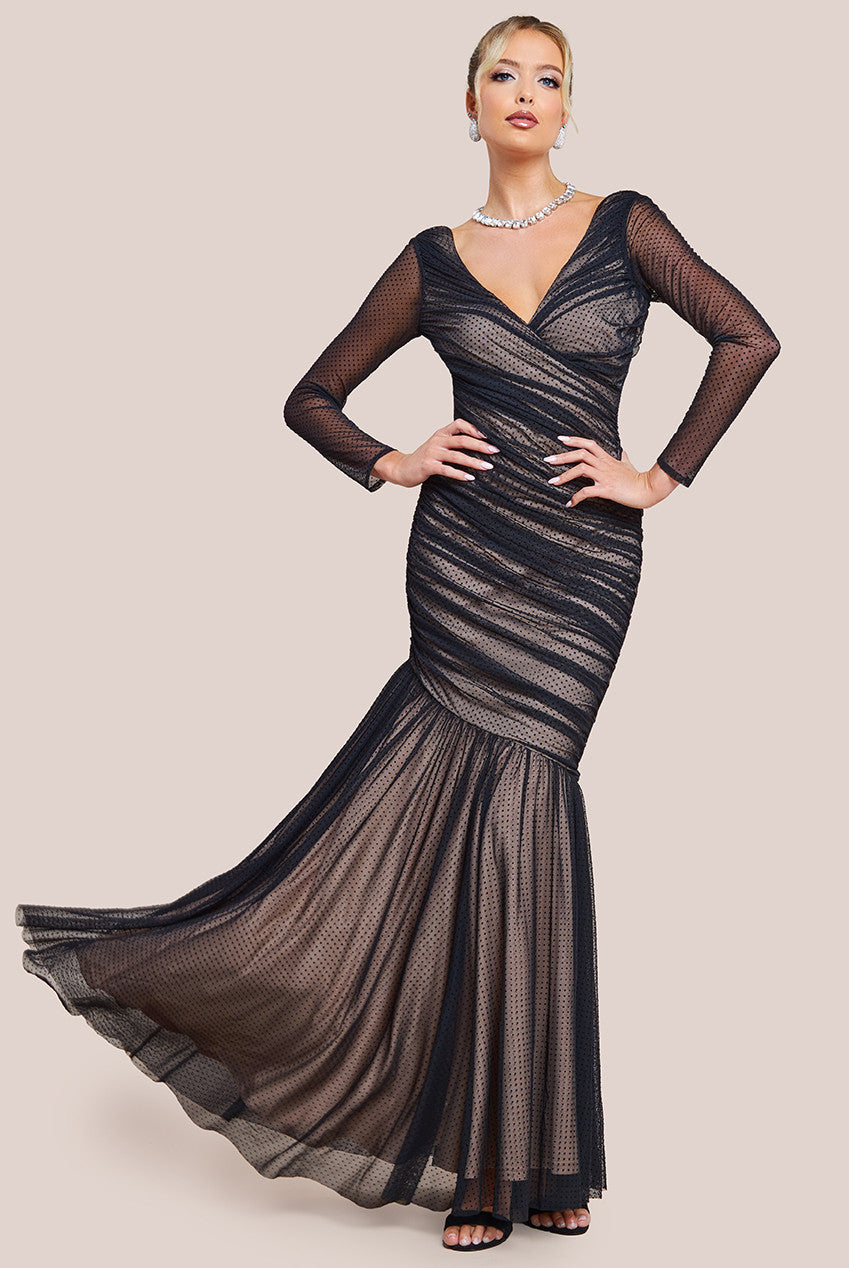 Dobby Mesh Wrap Style Gathered Maxi Dress - Black DR4364