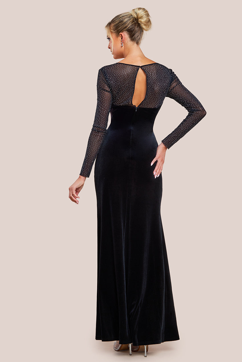 Hotfix Diamante Sleeve Front Split Velvet Maxi Dress - Black DR4383