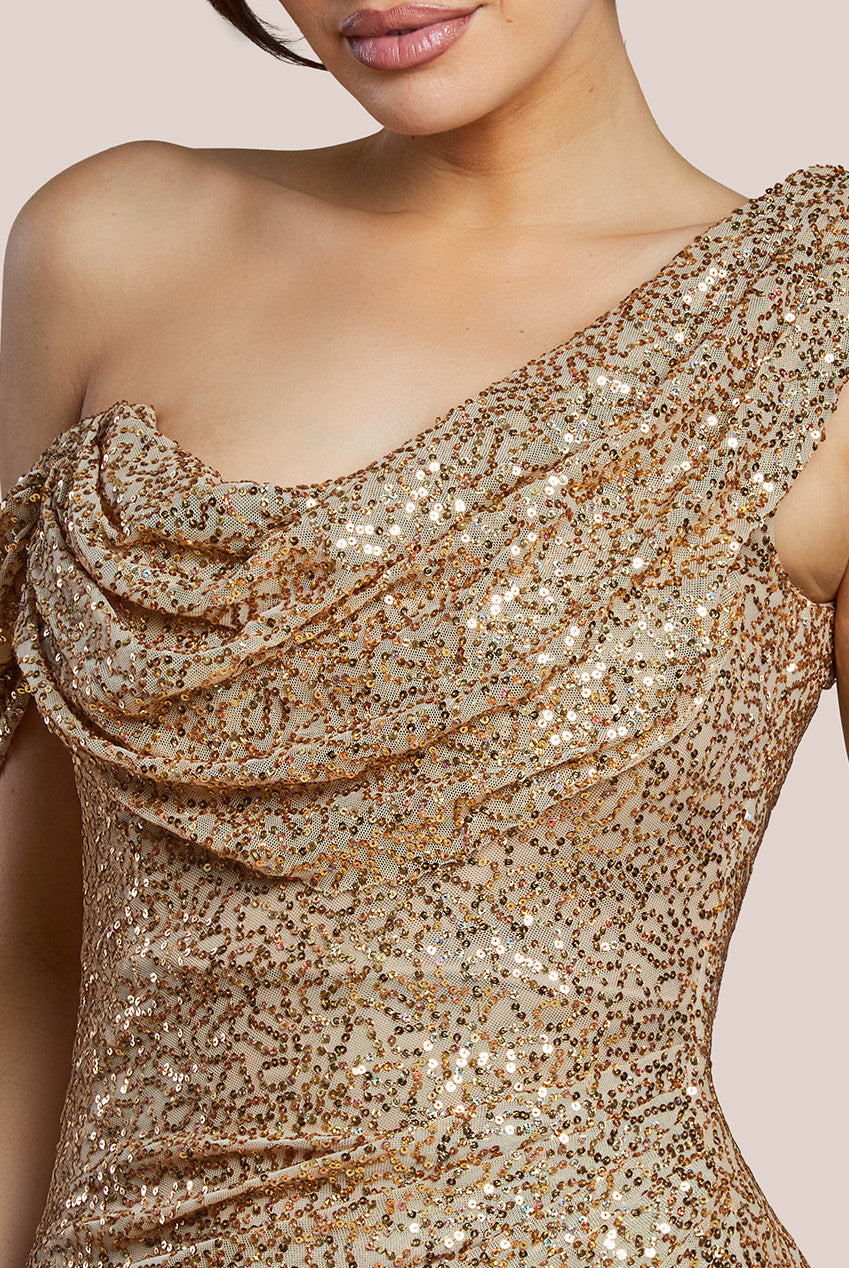 Sequin Cowl One Shoulder Midi Dress - Gold DR4529