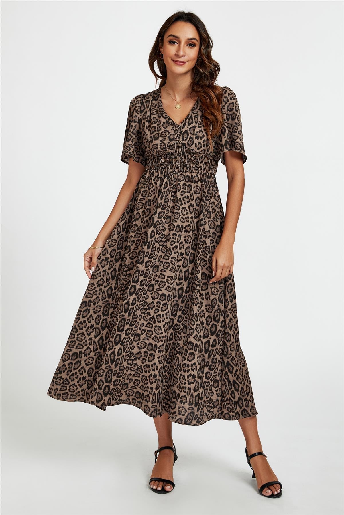 Leopard Print V Neck Midi Dress In Brown FS763-BrownLeopard