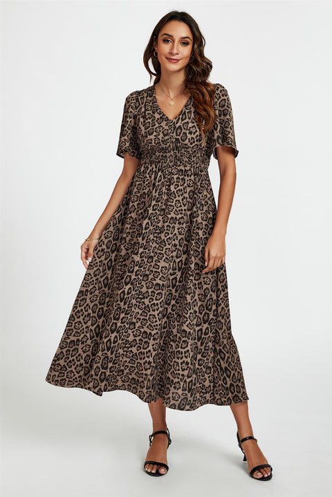 FS Collection Leopard Print V Neck Midi Dress In Brown