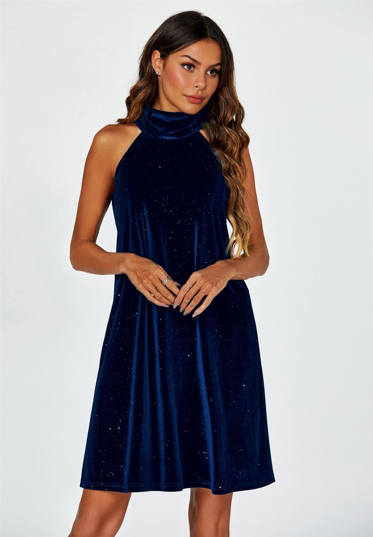 Silver Foil Velvet Halter Neck Tie Back Mini Dress In Navy FS455-VNS