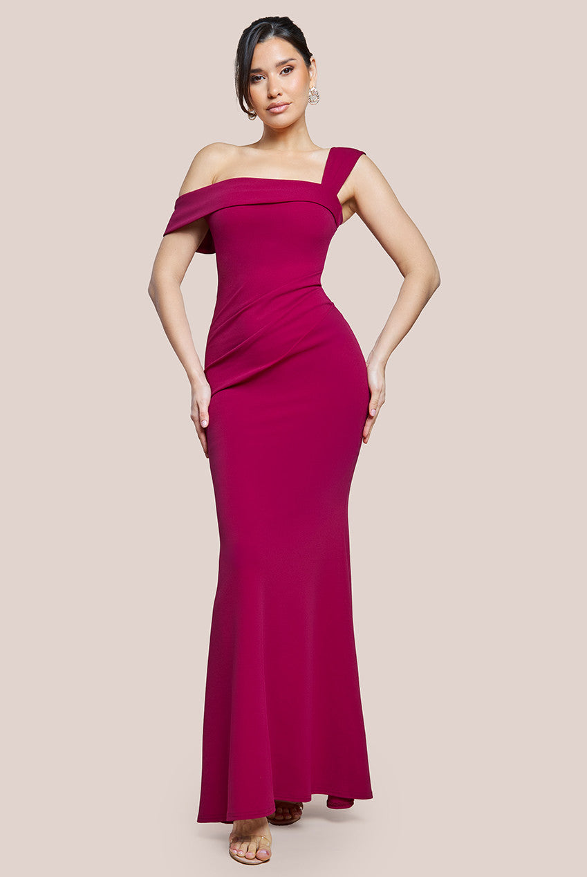 Off The Shoulder Pleated Waist Maxi Dress - Berry DR2594