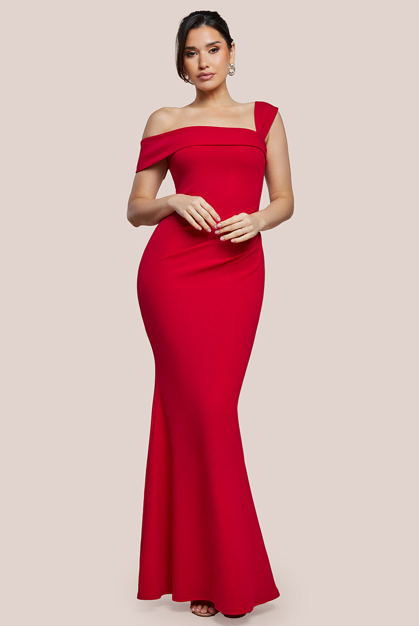 Off The Shoulder Pleated Waist Maxi Dress - Red DR2594