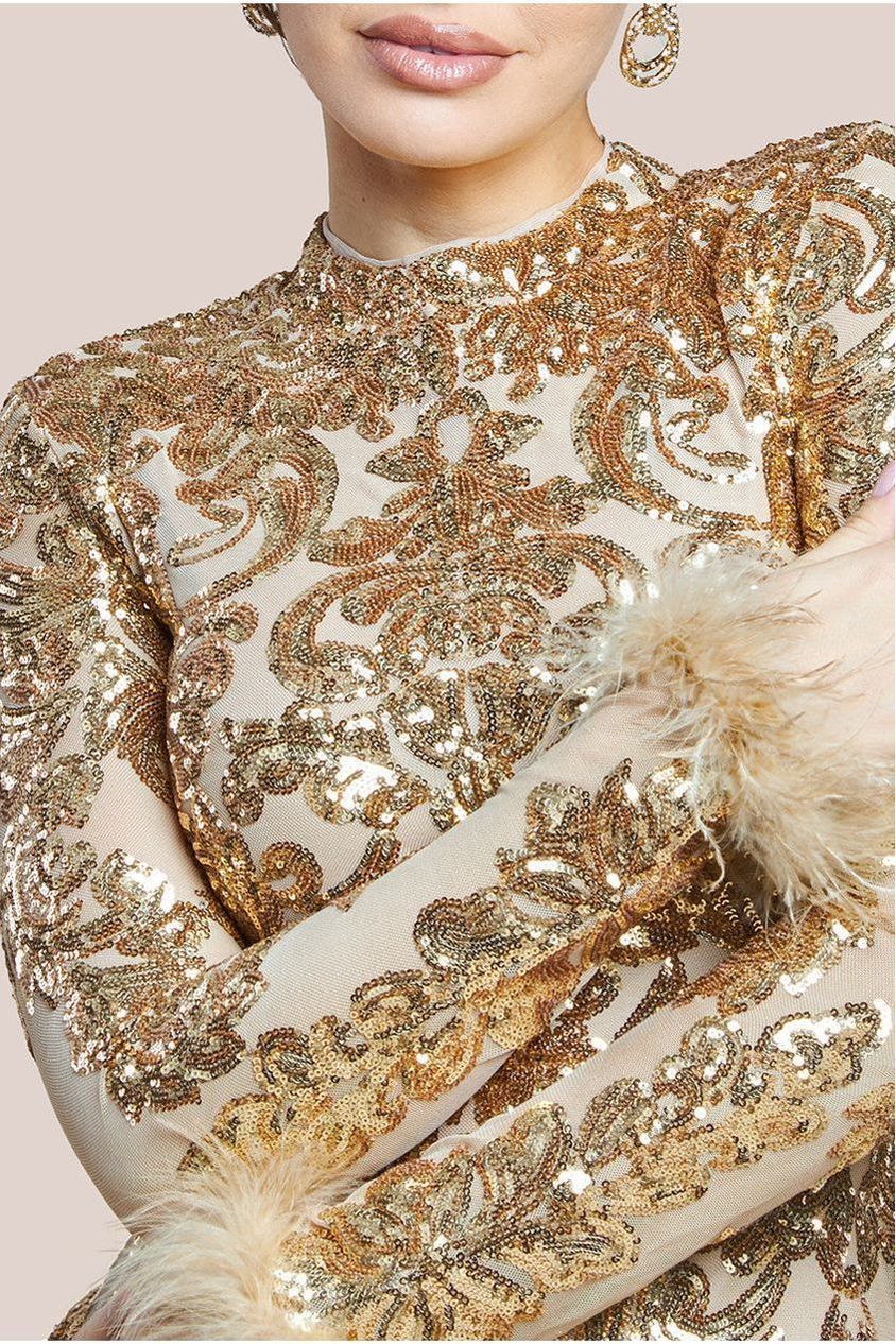 Sequin High Neck Feather Cuff Maxi Dress - Gold | Goddiva Sequin High Neck Feather Cuff Maxi Dress - Gold | Goddiva