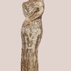 goddiva sequin high neck feather cuff maxi dress reviews Goddiva Sequin High Neck Feather Cuff Maxi Dress in Natural