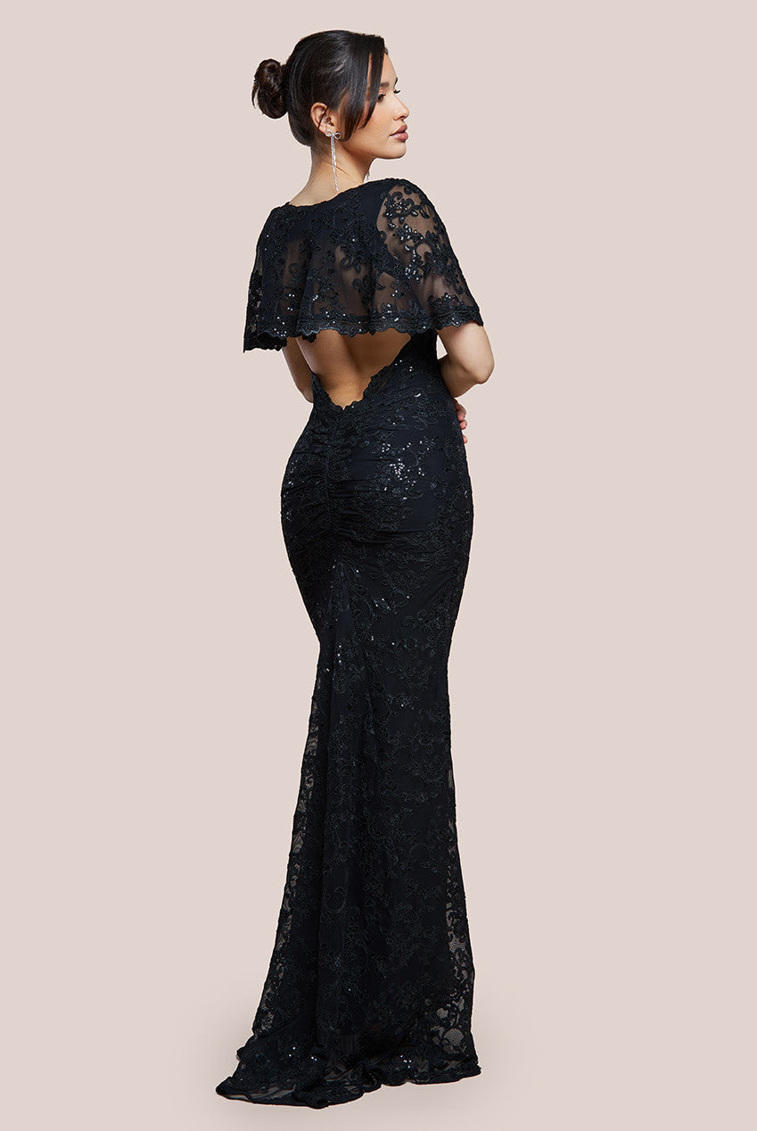 Scalloped Cape Open Back Lace & Sequin Maxi Dress - Black DR4252