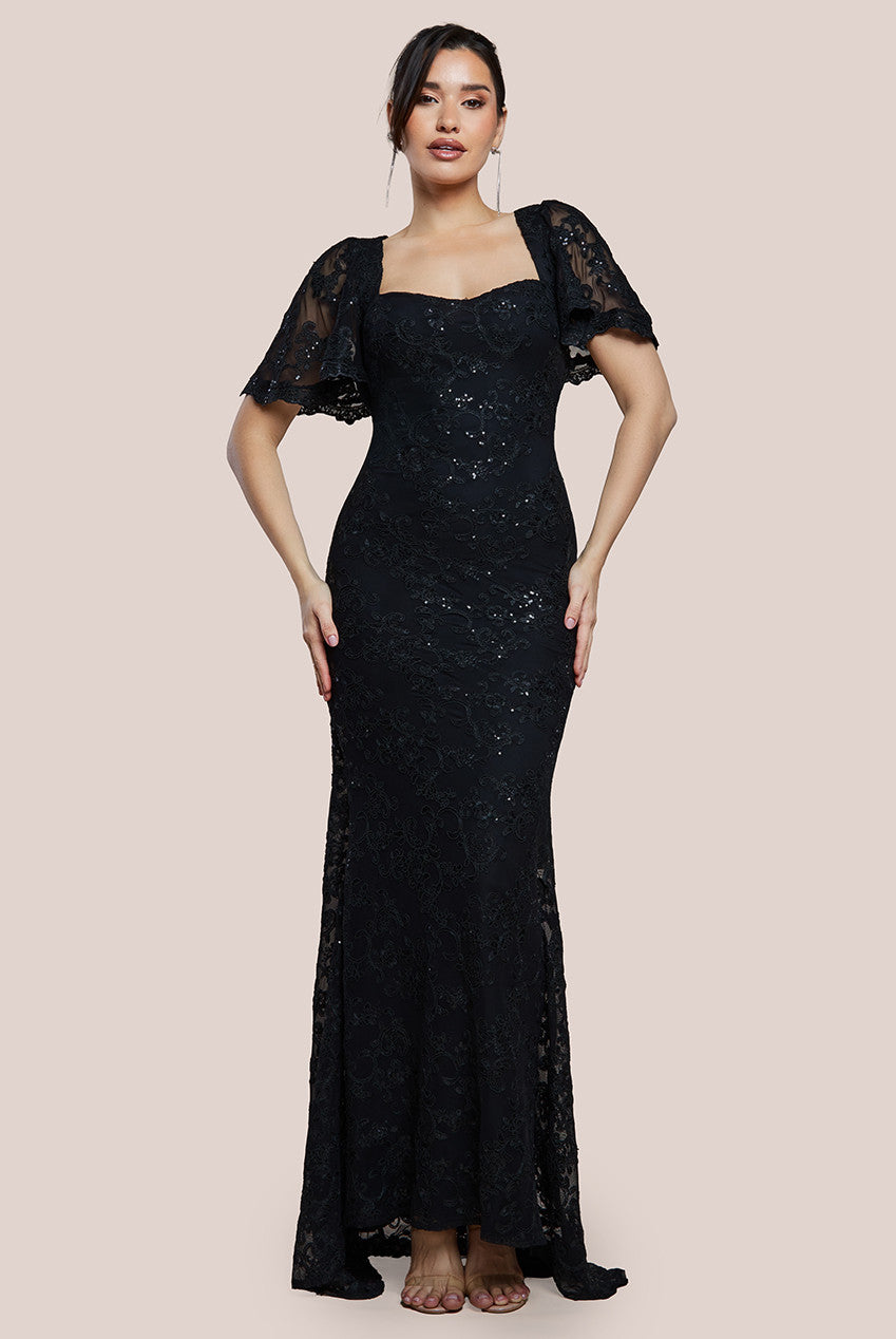 Scalloped Cape Open Back Lace & Sequin Maxi Dress - Black DR4252