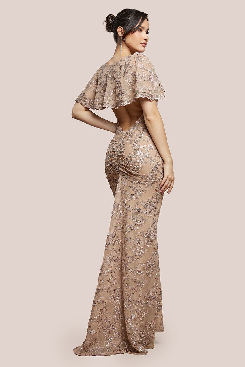 Scalloped Cape Open Back Lace & Sequin Maxi Dress - Champagne DR4252