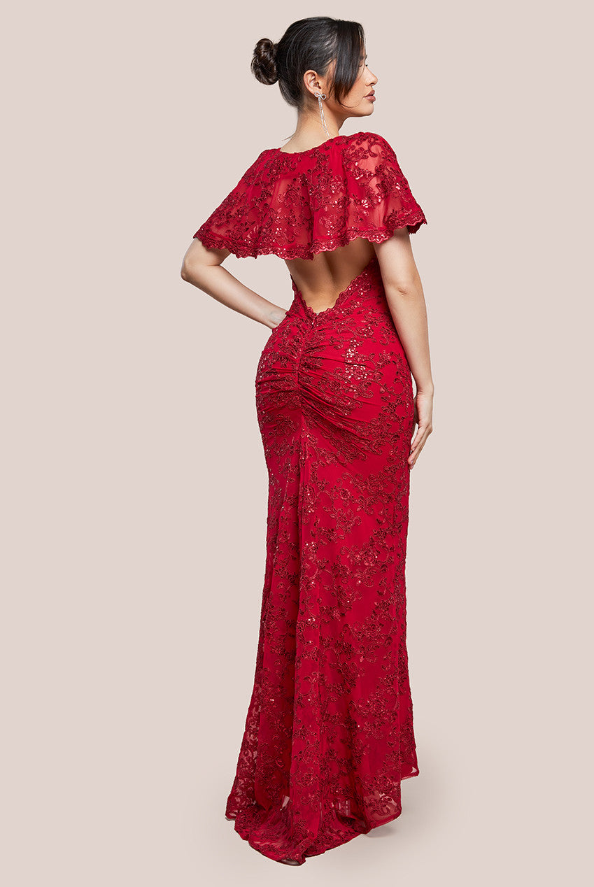 Scalloped Cape Open Back Lace & Sequin Maxi Dress - Red DR4252