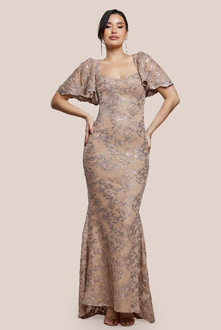 Scalloped Cape Open Back Lace & Sequin Maxi Dress - Champagne DR4252