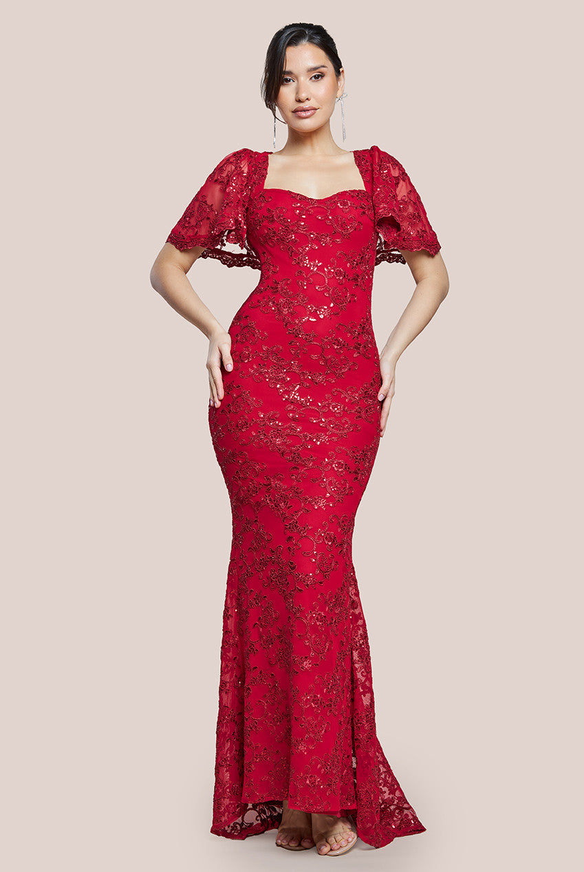 Scalloped Cape Open Back Lace & Sequin Maxi Dress - Red DR4252