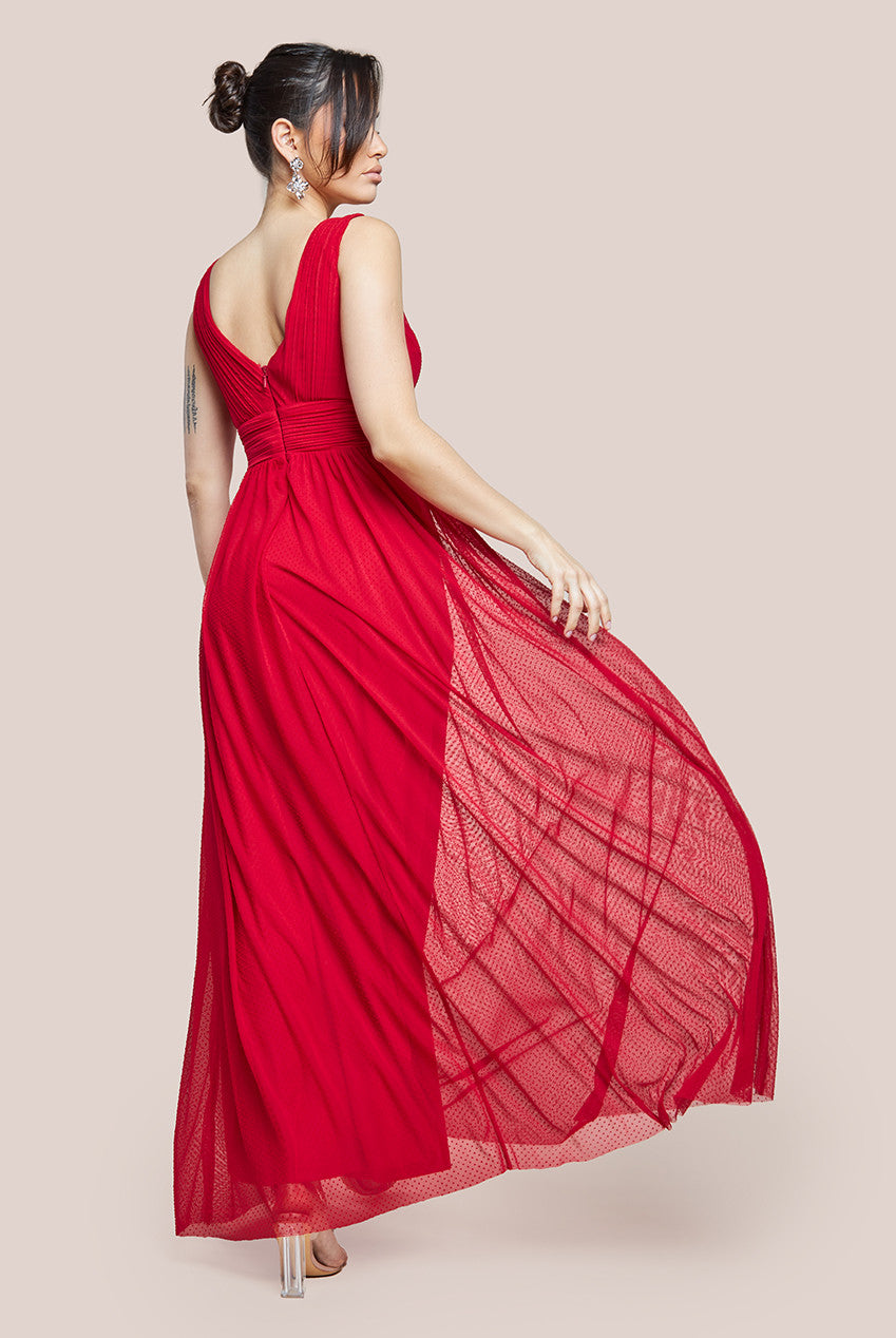 Sleeveless Pleated Dobby Mesh Corsage Maxi Dress - Red DR4294