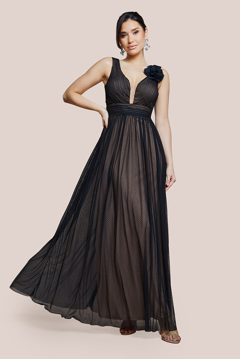 Sleeveless Pleated Dobby Mesh Corsage Maxi Dress - Black DR4294