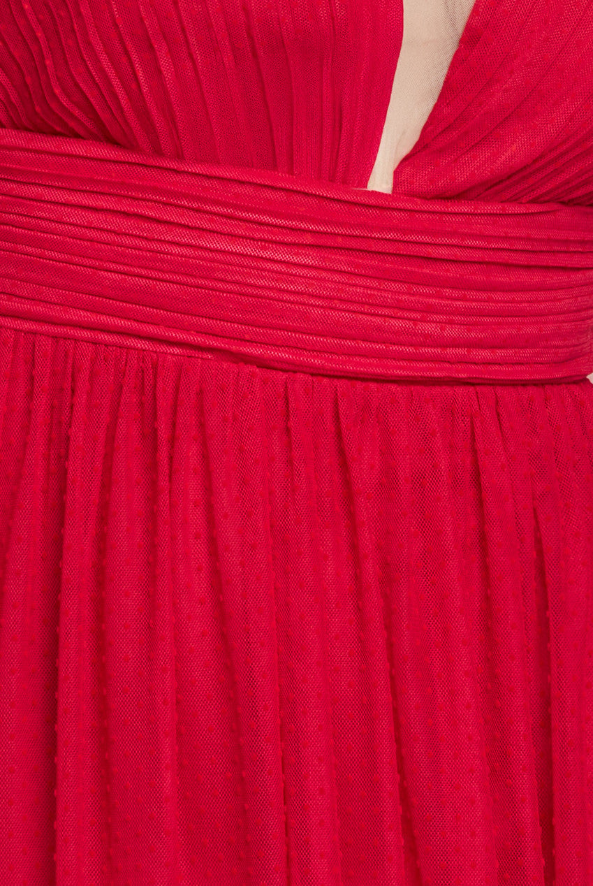 Sleeveless Pleated Dobby Mesh Corsage Maxi Dress - Red DR4294