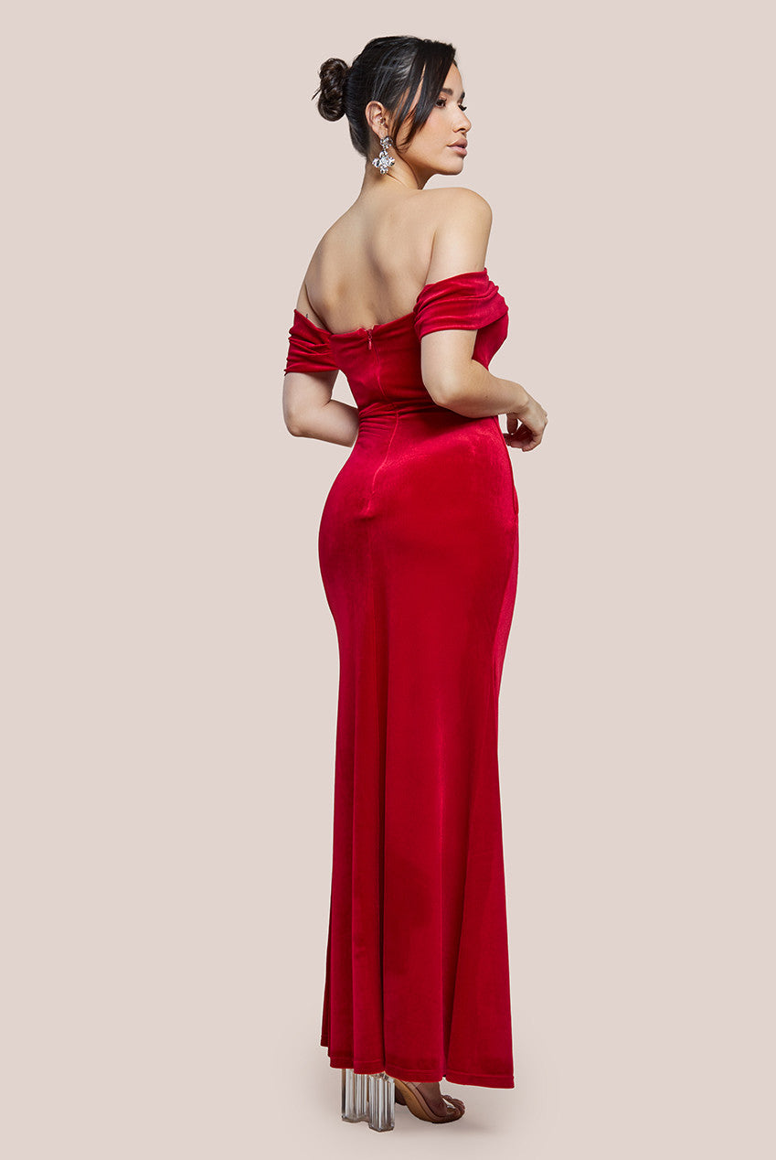 Off The Shoulder Front Split Velvet Maxi Dress - Red DR4318