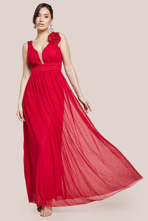 Sleeveless Pleated Dobby Mesh Corsage Maxi Dress - Red DR4294