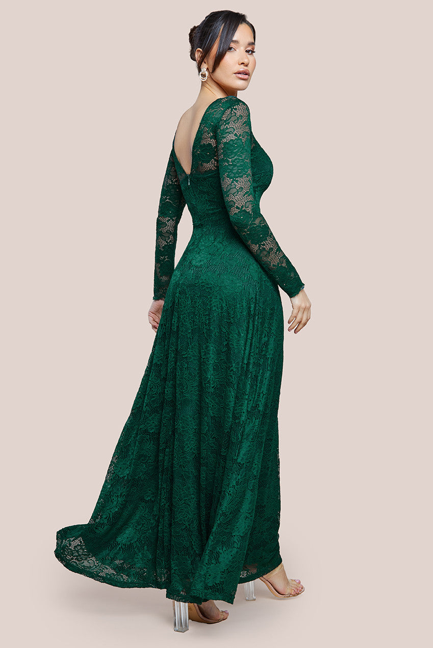 Scalloped Lace A-Line Maxi Dress - Emerald Green DR4496