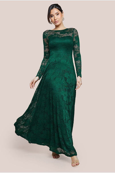 Scalloped Lace A-Line Maxi Dress - Emerald Green | Goddiva