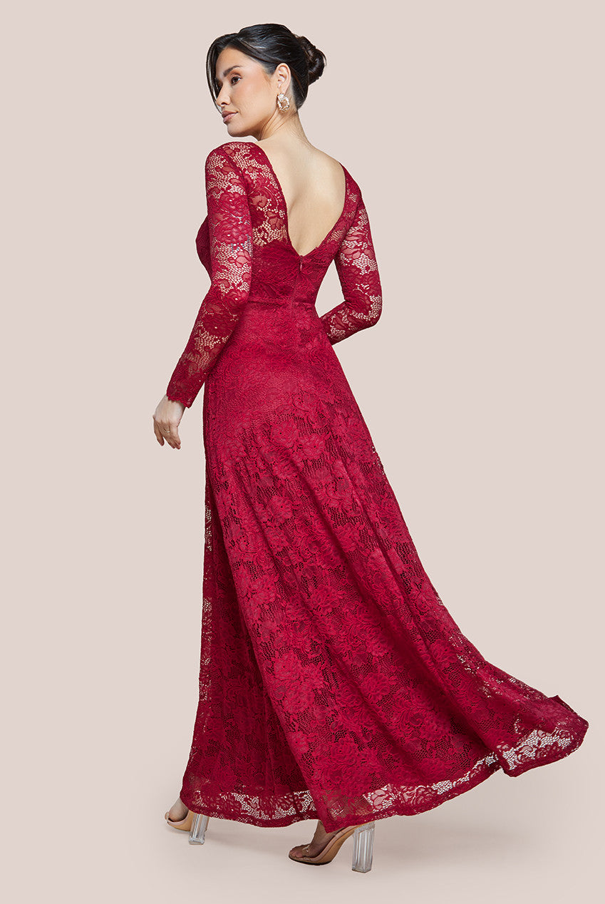 Scalloped Lace A-Line Maxi Dress - Wine DR4496