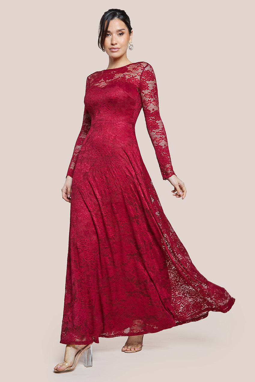 Scalloped Lace A-Line Maxi Dress - Wine DR4496