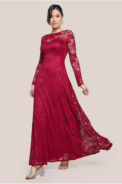 Wine - Scalloped Lace A-Line Maxi Dress - Wine by Goddiva