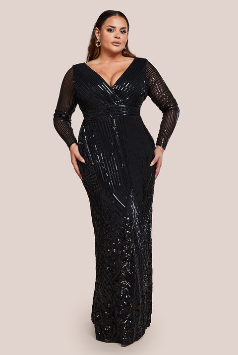 Goddiva Plus Long Sleeve Sequin V Wrap Maxi Dress - Black