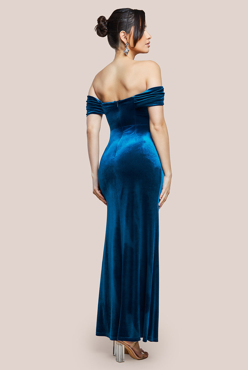 Off The Shoulder Front Split Velvet Maxi Dress - Teal DR4318