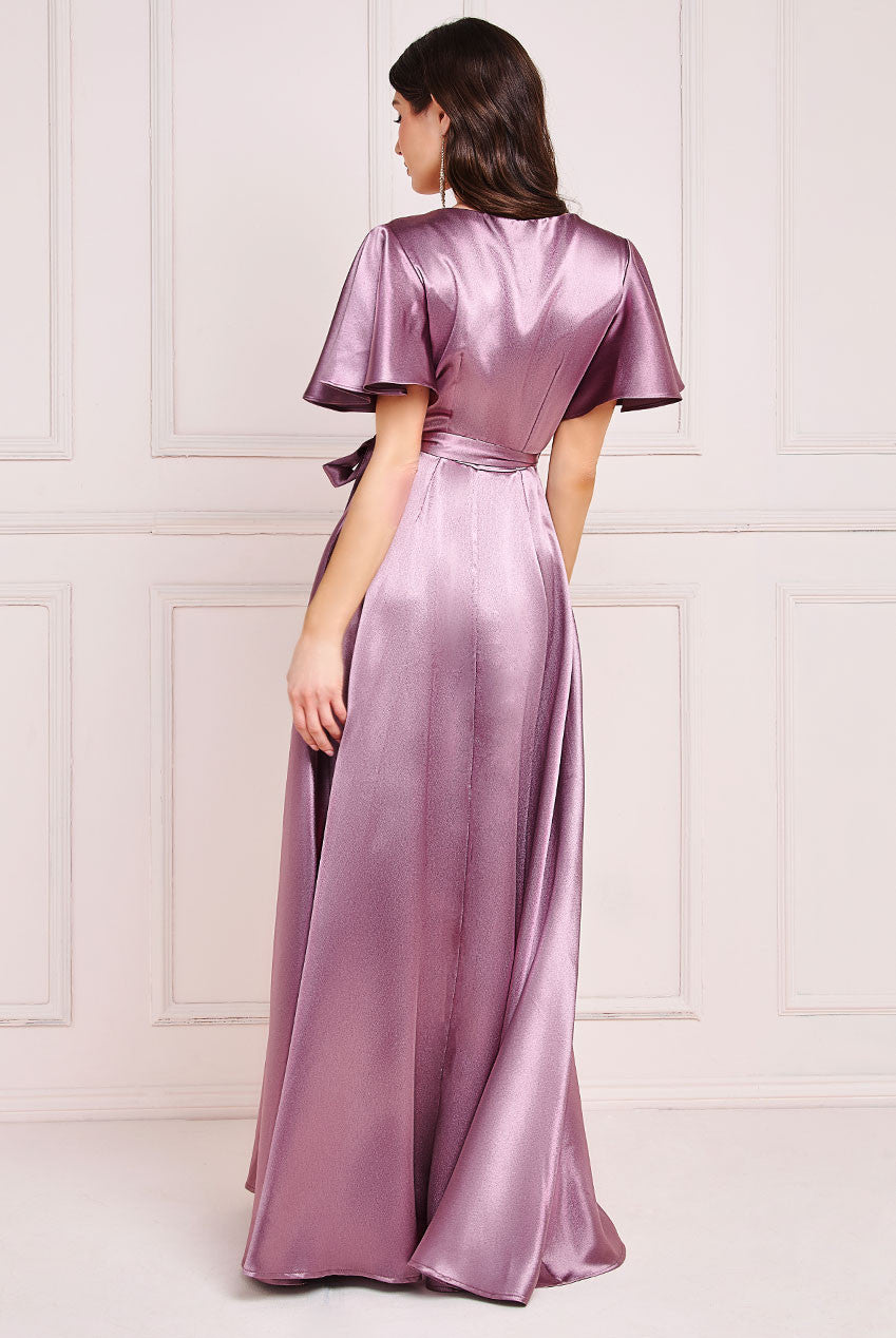 Flutter Sleeve Wrapover Satin Maxi Dress - Rose Pink DR3955